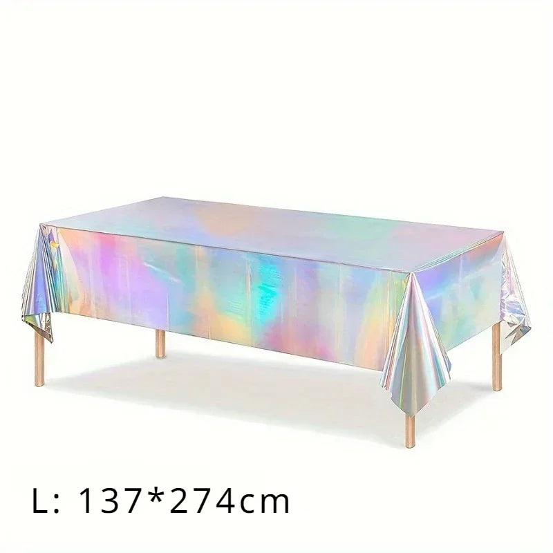 Disposable Shimmering Laser Rainbow Tablecloth Aluminum Film Tablecloth Decor for Birthday Wedding Parties Festive Supplies