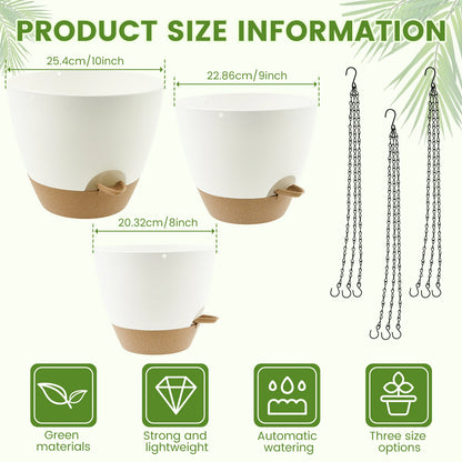 3Pcs Self Watering Flowerpot Plastic Planter with Drainage Holes 8/9/10 Inch Hanging Succulent Planter Pot Gardening Decoration
