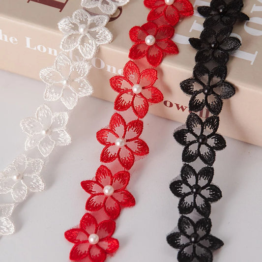 1Meter Flower Pearl Beaded Embroidered DIY Lace Ribbon Trim 35mm Wide Fringe African Lace Fabric Handmade Dress Sewing Supplies