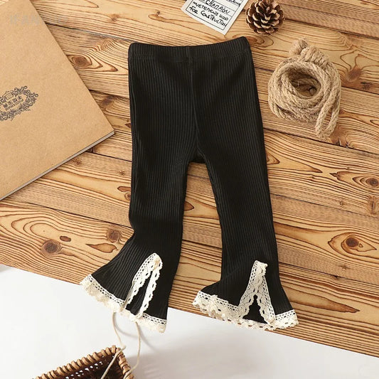 0-6Y Baby Girl 2025 Early Autumn New Korean Children's Flared Lace Pant with Elastic Knitted Strips Versatile Solid Color Pants
