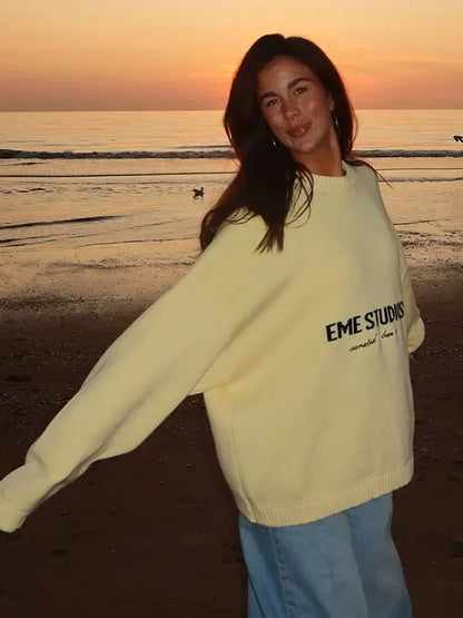 Eme Studios Women Full Sleeve Round Neck Loose Top Casual Knitted Pleated Sweaters Autumn Lady Daily Street Commute Outfits