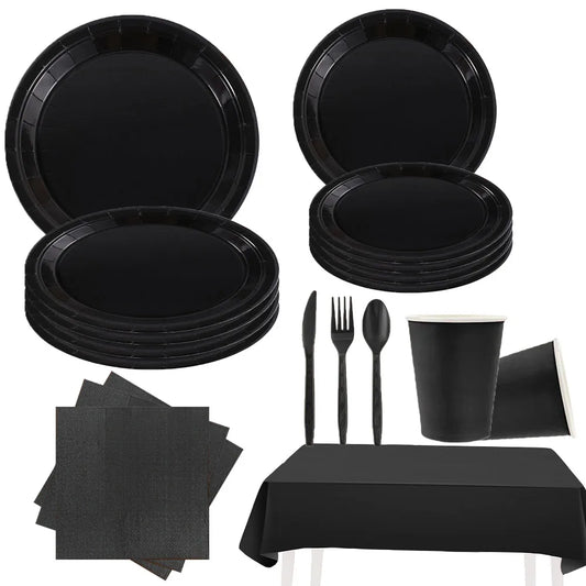 Simple Black  Birthday Party Decoration Single theme Boda 20 piece Disposable Tableware  Set Plates Cups Papers Tablecloth