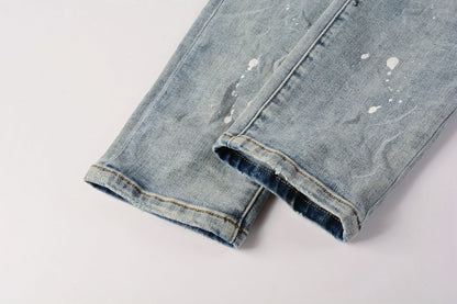 2025 Jeans Man's High Street Blue Ripped Distressed Skinny Jeans Low Rise Denim Trousers Fashion Repair Pants 9003