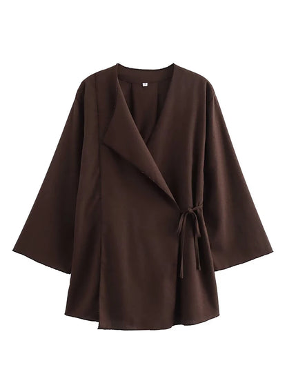 TFMLN Fashion 2 Pieces Sets Women Spring Summer Kimono Style Loose Lace Up Shirts Tops Women's Wide Leg Pants Sets