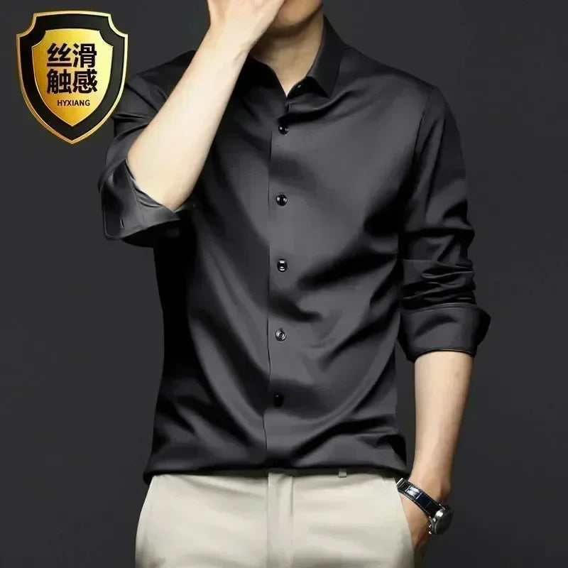 X-6XL Orange Men's Long Sleeve Shirt Luxurious Wrinkle Resistant and Non ironing Solid Business Casual Dress Shirt