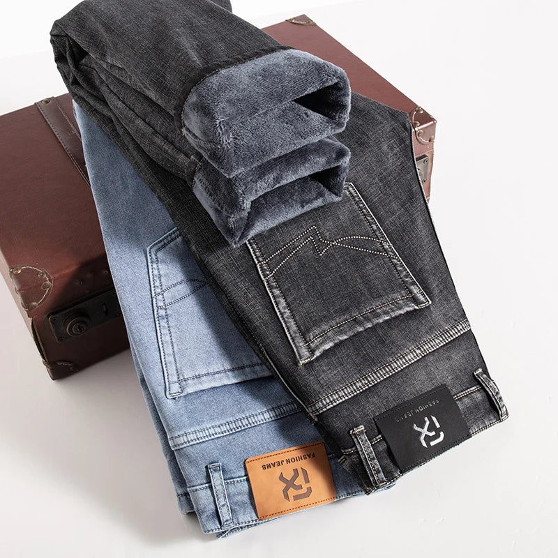 2024 New Men's Clothing Casual Jeans Winter New Fleece Pants Thick Warm Fashion Straight Fit Male Denim Trousers