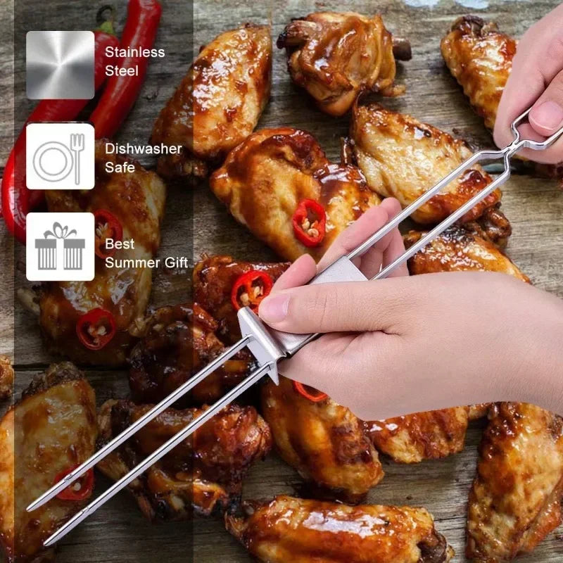 1PC Stainless Steel Double Needle Barbecue Skewers with Self Push Plate Barbecue Forks Outdoor Home BBQ Accessories Picnic