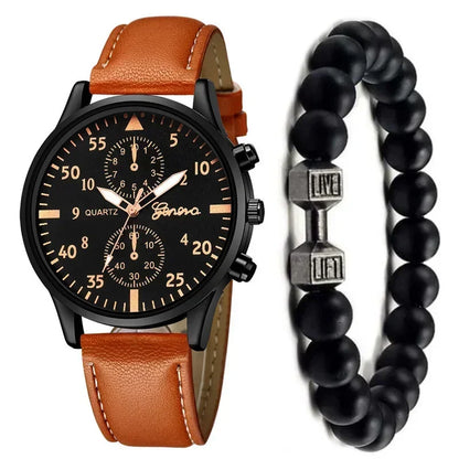 4/2/1pcs New Men Sports Watches Set Man Business Quartz Wristwatch Luxury Brown Leather Bracelet Men Casual Clock Watch（No Box）