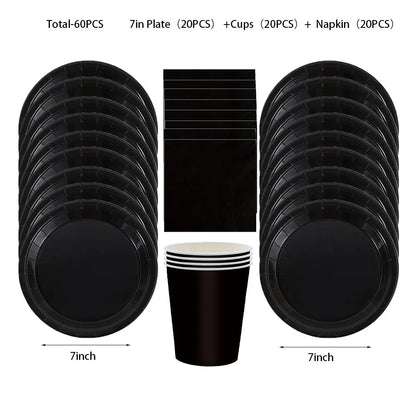 Simple Black  Birthday Party Decoration Single theme Boda 20 piece Disposable Tableware  Set Plates Cups Papers Tablecloth