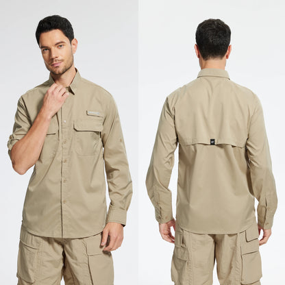 Summer Men's UPF 50+ Casual Long Sleeve Fishing Shirts, Lightweight Tactical Button Down Shirt with Breathable Back Mesh