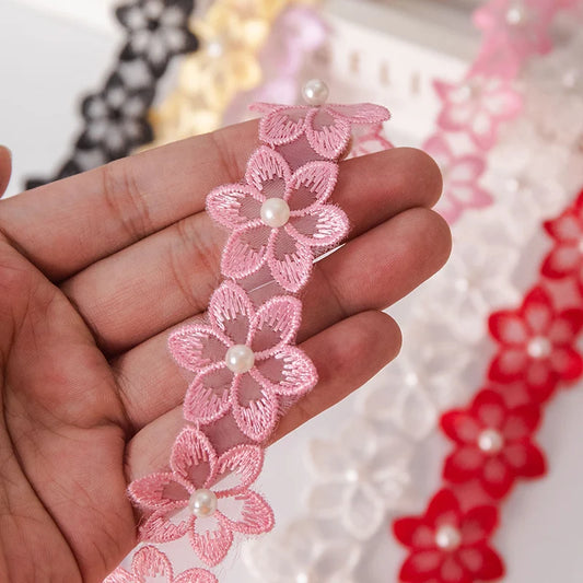 1Meter Flower Pearl Beaded Embroidered DIY Lace Ribbon Trim 35mm Wide Fringe African Lace Fabric Handmade Dress Sewing Supplies