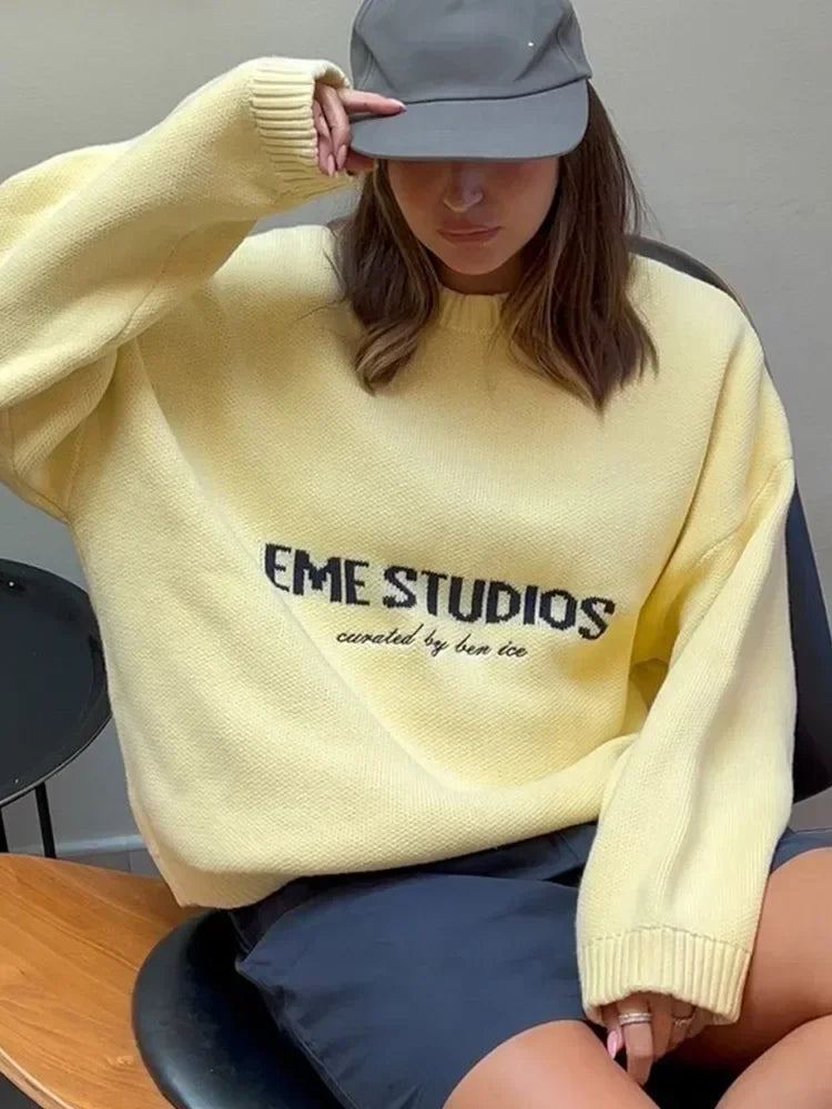 Eme Studios Women Full Sleeve Round Neck Loose Top Casual Knitted Pleated Sweaters Autumn Lady Daily Street Commute Outfits