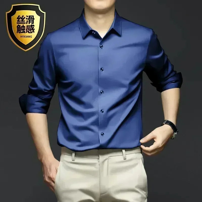X-6XL Orange Men's Long Sleeve Shirt Luxurious Wrinkle Resistant and Non ironing Solid Business Casual Dress Shirt