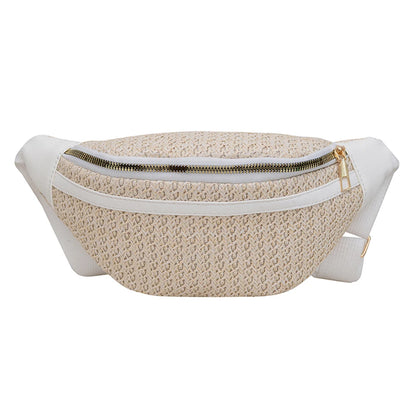 Boho Braided Fanny Pack Patchwork Straw Beach Bag for Women's Summer Hand-Woven Bum Bag Adjustable Strap Crossbody Shoulder Bags