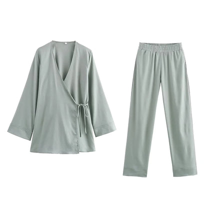 TFMLN Fashion 2 Pieces Sets Women Spring Summer Kimono Style Loose Lace Up Shirts Tops Women's Wide Leg Pants Sets
