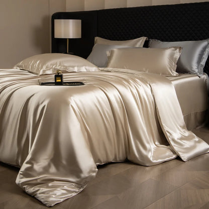 Silk Bed Sheets Set Luxury Bedding Set with Duvet Cover Fitted/Flat Bedheet Pillowcases Mixed with Rayon King Queen Full Twin