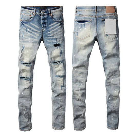 2025 Jeans Man's High Street Blue Ripped Distressed Skinny Jeans Low Rise Denim Trousers Fashion Repair Pants 9003