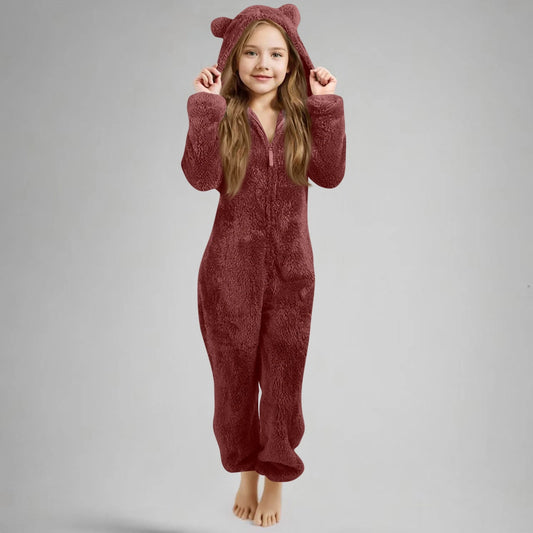 Autumn Winter Children's Boys Girls Thickened Hooded Jumpsuit Pajamas Cute Hooded Long Sleeved Zipper Plush Warm Home Clothes
