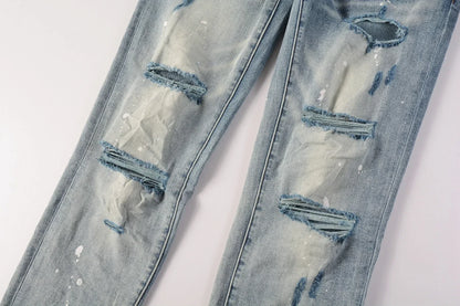 2025 Jeans Man's High Street Blue Ripped Distressed Skinny Jeans Low Rise Denim Trousers Fashion Repair Pants 9003