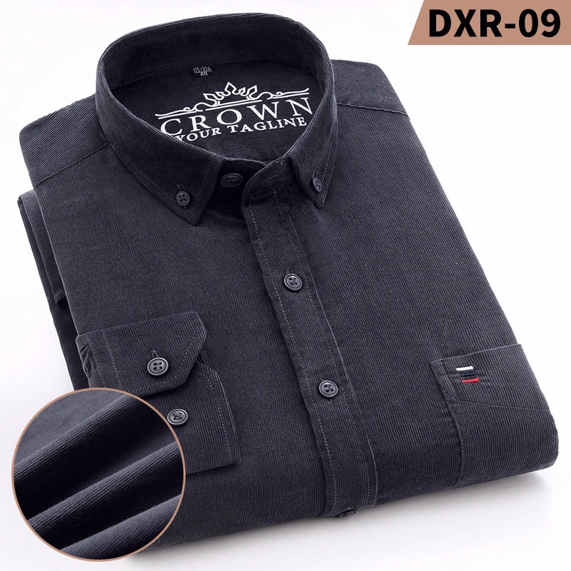 2023 Cotton Corduroy Autumn Winter Long Sleeve Regular Fit Mens Casual Shirt Warm Solid Men's Shirts With Pokets