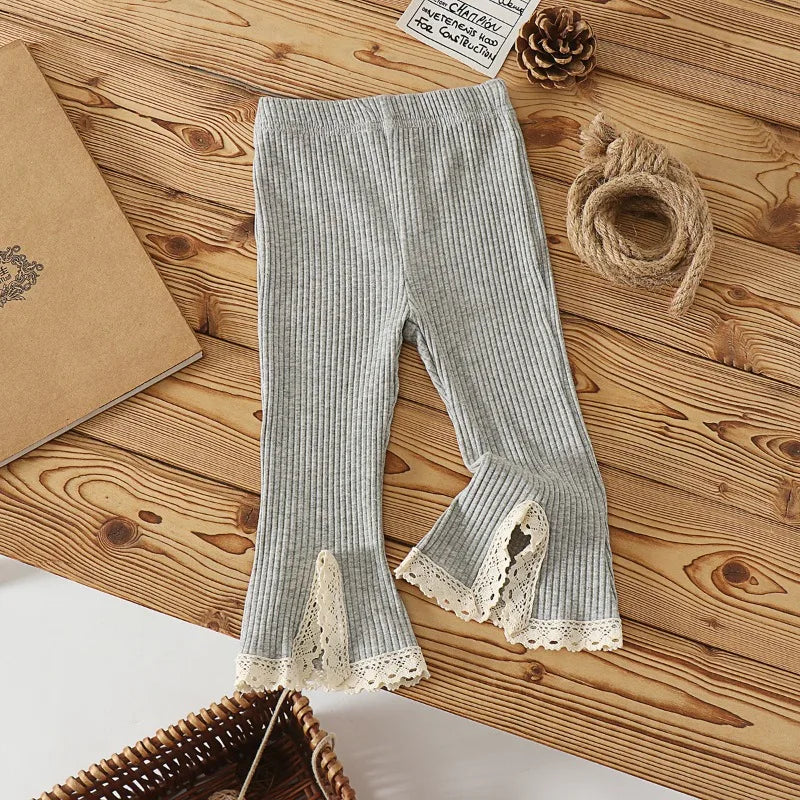 0-6Y Baby Girl 2025 Early Autumn New Korean Children's Flared Lace Pant with Elastic Knitted Strips Versatile Solid Color Pants