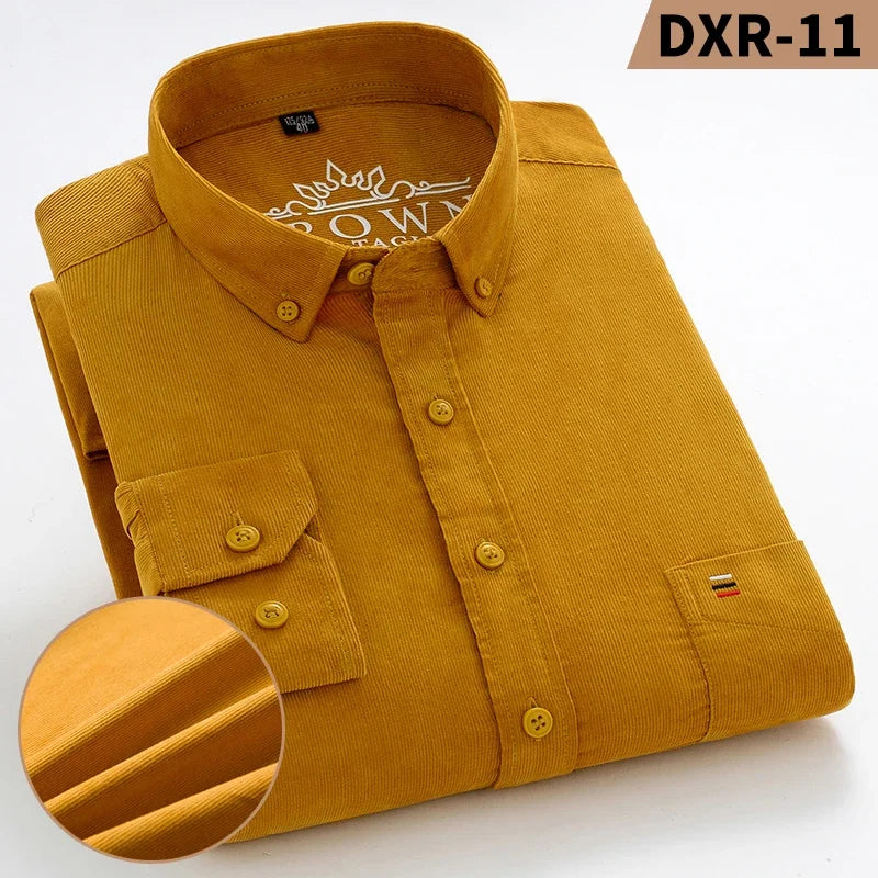 2023 Cotton Corduroy Autumn Winter Long Sleeve Regular Fit Mens Casual Shirt Warm Solid Men's Shirts With Pokets